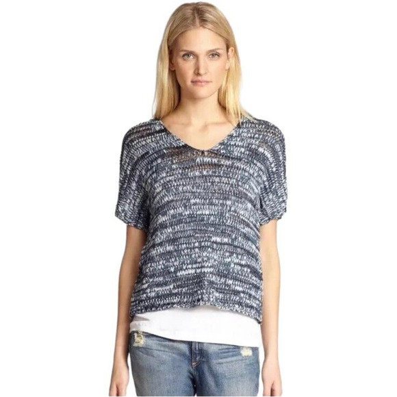 EILEEN FISHER Sweater Top Crochet Style V-Neck Soft Lightweight Cozy Indigo Blue - Picture 2 of 12